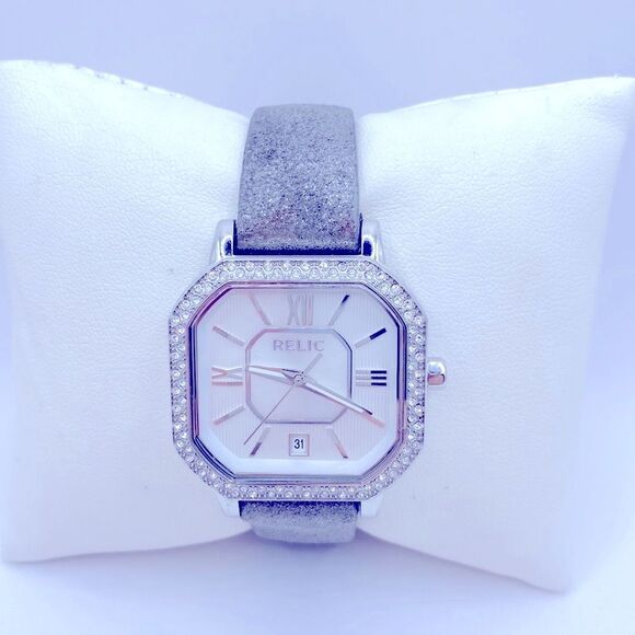 Relic Accessories - Working! Relic by Fossil Gray Metallic Leather Band Rhinestone Bezel Watch